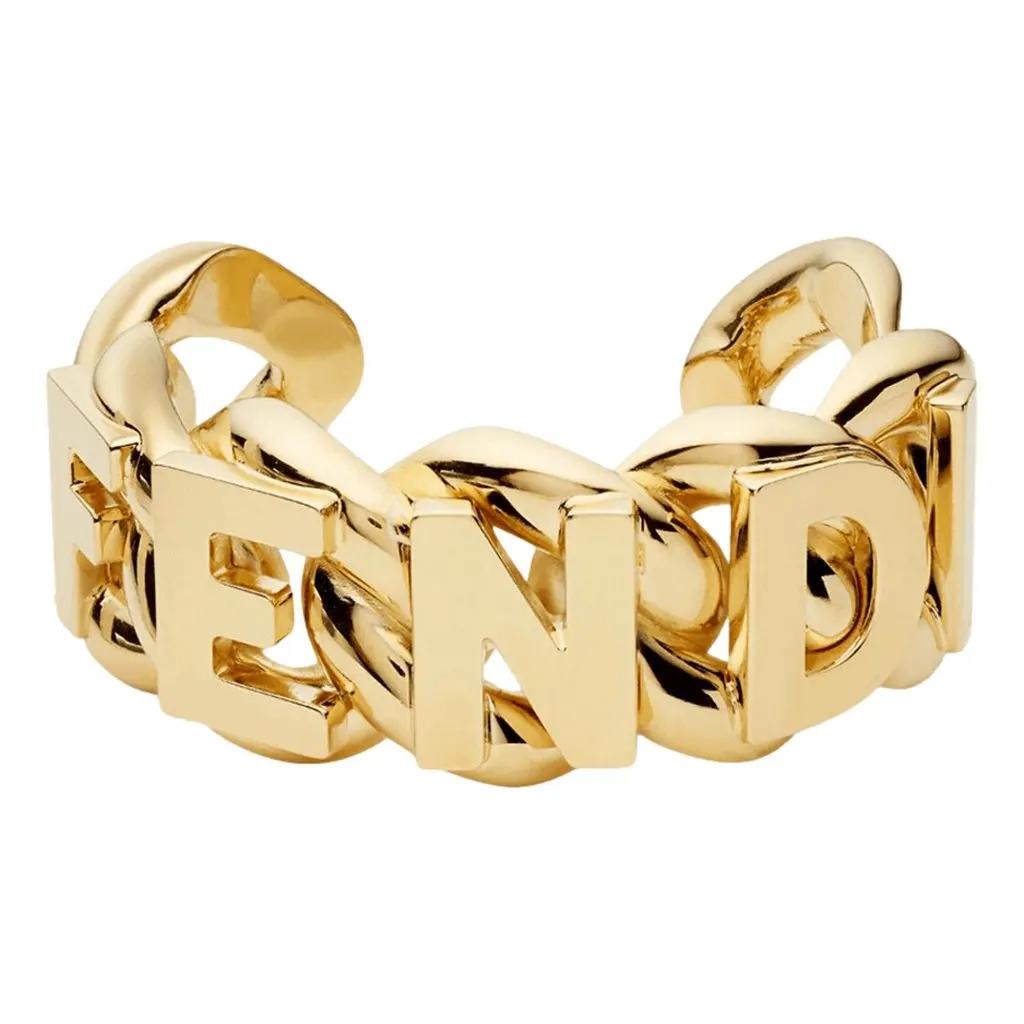 Fendi Fendigraphy Chunky Gold Tone Logo Link Cuff Bracelet Polished Gold Gold Never worn - Front View