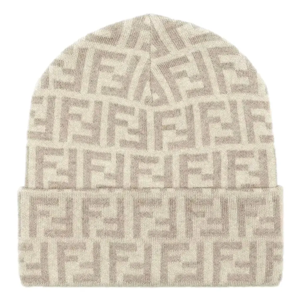 Fendi FF Logo Knit Beanie Hat Beige Wool Blend Brown Canvas Never worn - Front View