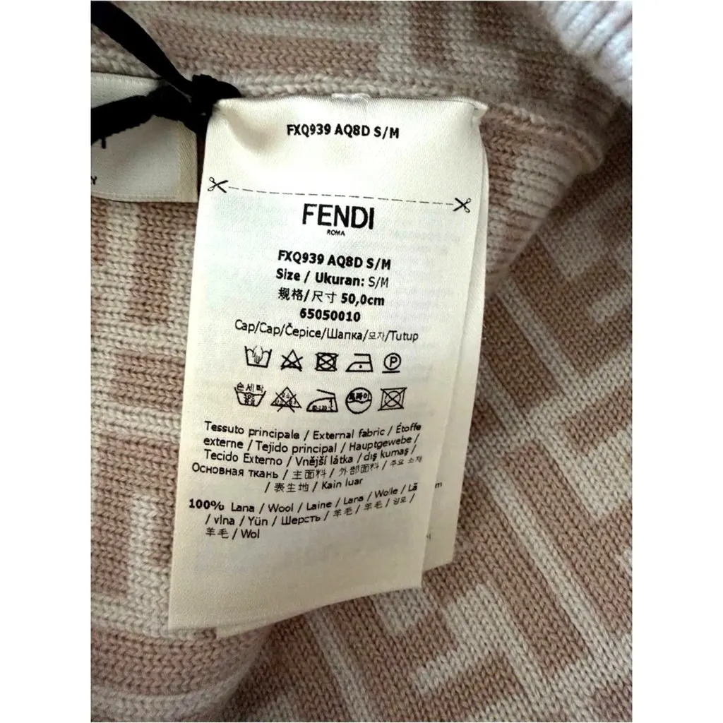 Fendi FF Logo Knit Beanie Hat Beige Wool Blend Brown Canvas Never worn - Back View