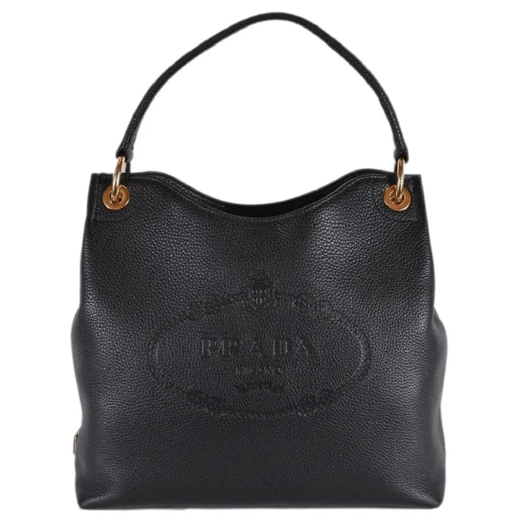 Prada Vitello Phenix Black Leather Embossed Logo Hobo Tote Bag Black Leather Never worn - Front View