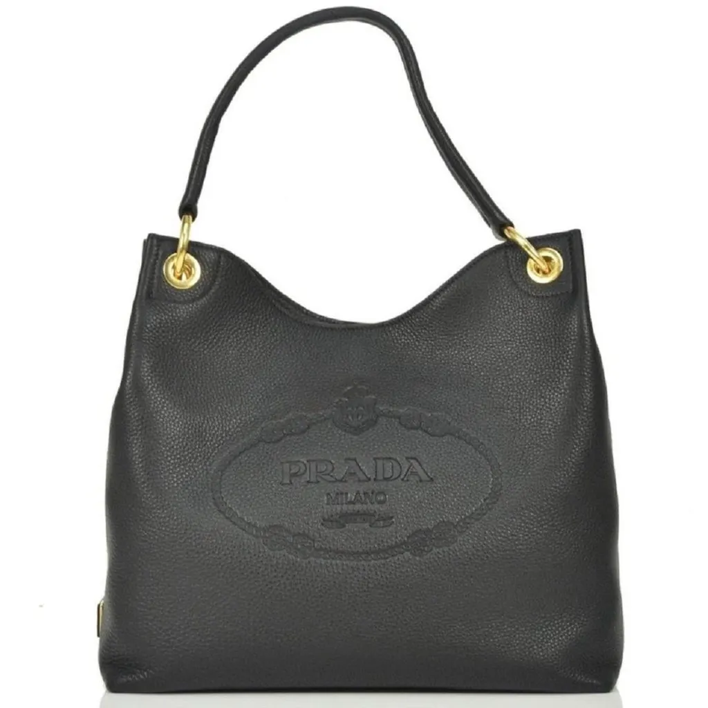 Prada Vitello Phenix Black Leather Embossed Logo Hobo Tote Bag Black Leather Never worn - Back View