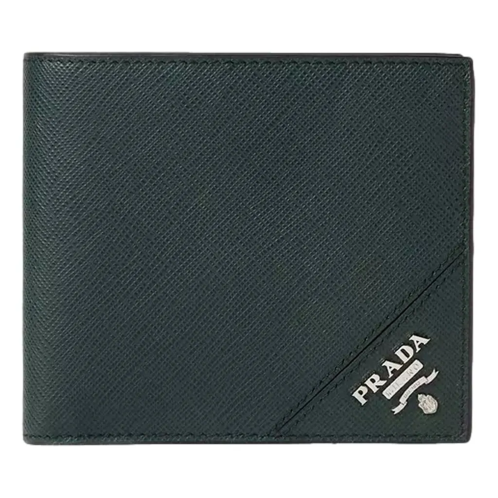 Prada Saffiano Leather Dark Green Bifold Wallet Metal Logo Green Leather Never worn - Front View