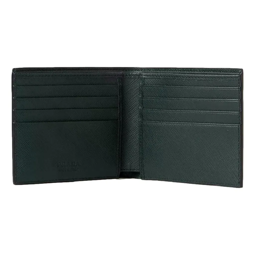 Prada Saffiano Leather Dark Green Bifold Wallet Metal Logo Green Leather Never worn - Back View