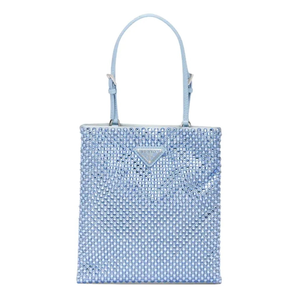 Prada Mini Satin Crystal Embellished Double Handle Crossbody Handbag Light Blue Blue Leather Never worn - Front View