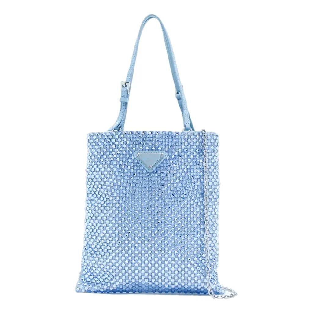 Prada Mini Satin Crystal Embellished Double Handle Crossbody Handbag Light Blue Blue Leather Never worn - Back View