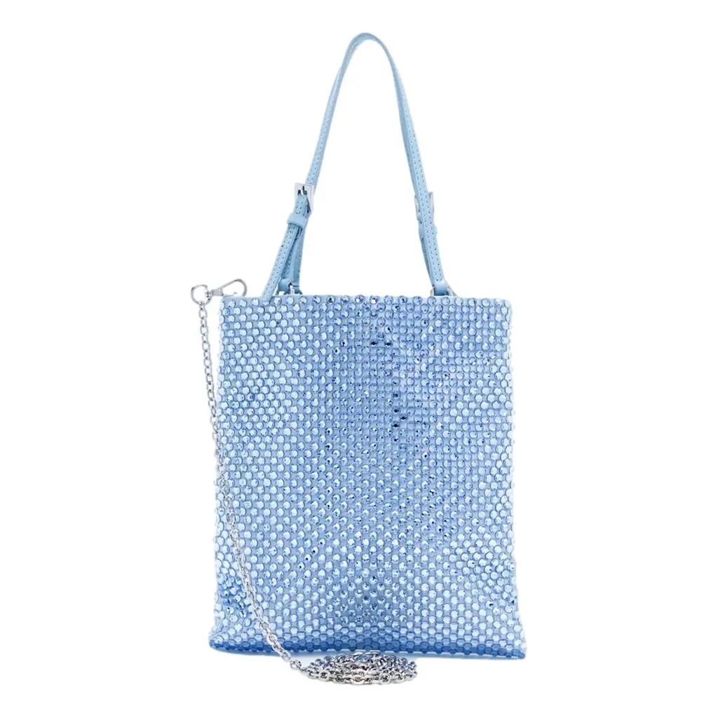 Prada Mini Satin Crystal Embellished Double Handle Crossbody Handbag Light Blue Blue Leather Never worn - Inside View
