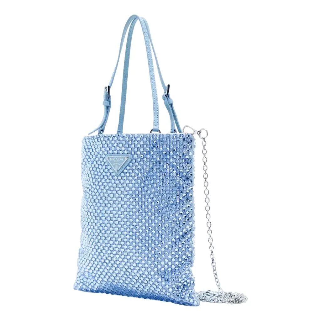 Prada Mini Satin Crystal Embellished Double Handle Crossbody Handbag Light Blue Blue Leather Never worn - Box View