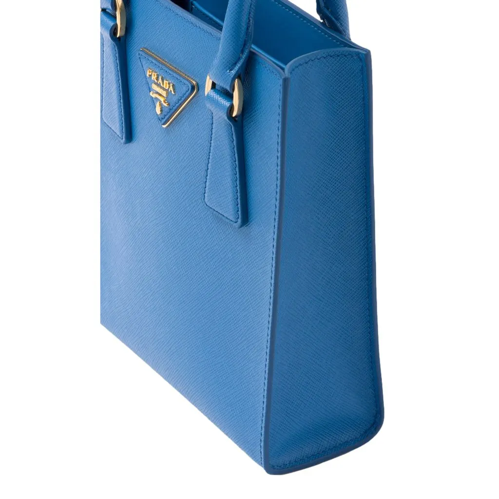 Prada Saffiano Leather Top Handle Mini Shopper Crossbody Bag in Blue Blue Leather Never worn - Model View