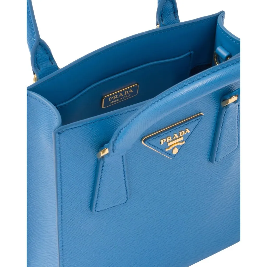 Prada Saffiano Leather Top Handle Mini Shopper Crossbody Bag in Blue Blue Leather Never worn - Box View