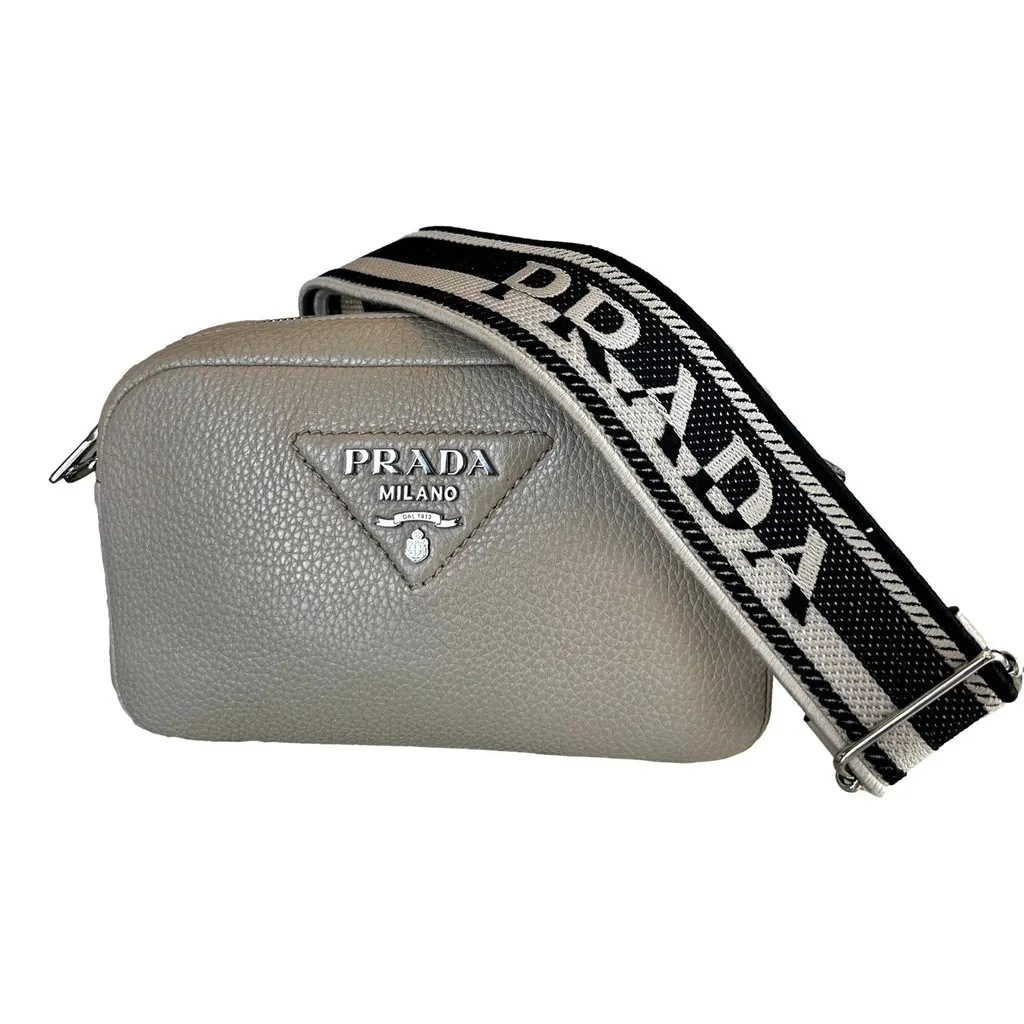 Prada Vitello Daino Leather Sabbia Beige Web Strap Camera Crossbody Beige Leather Never worn - Front View