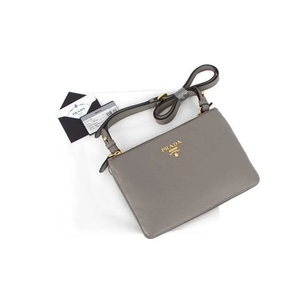 Prada Vitello Phenix Argilla Gray Leather Logo Plaque Crossbody Bag Grey Leather Never worn - Back View