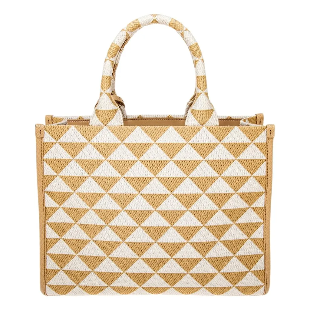 Prada Symbole Beige Chalk White Jacquard Small Tote Bag Beige Canvas Never worn - Back View