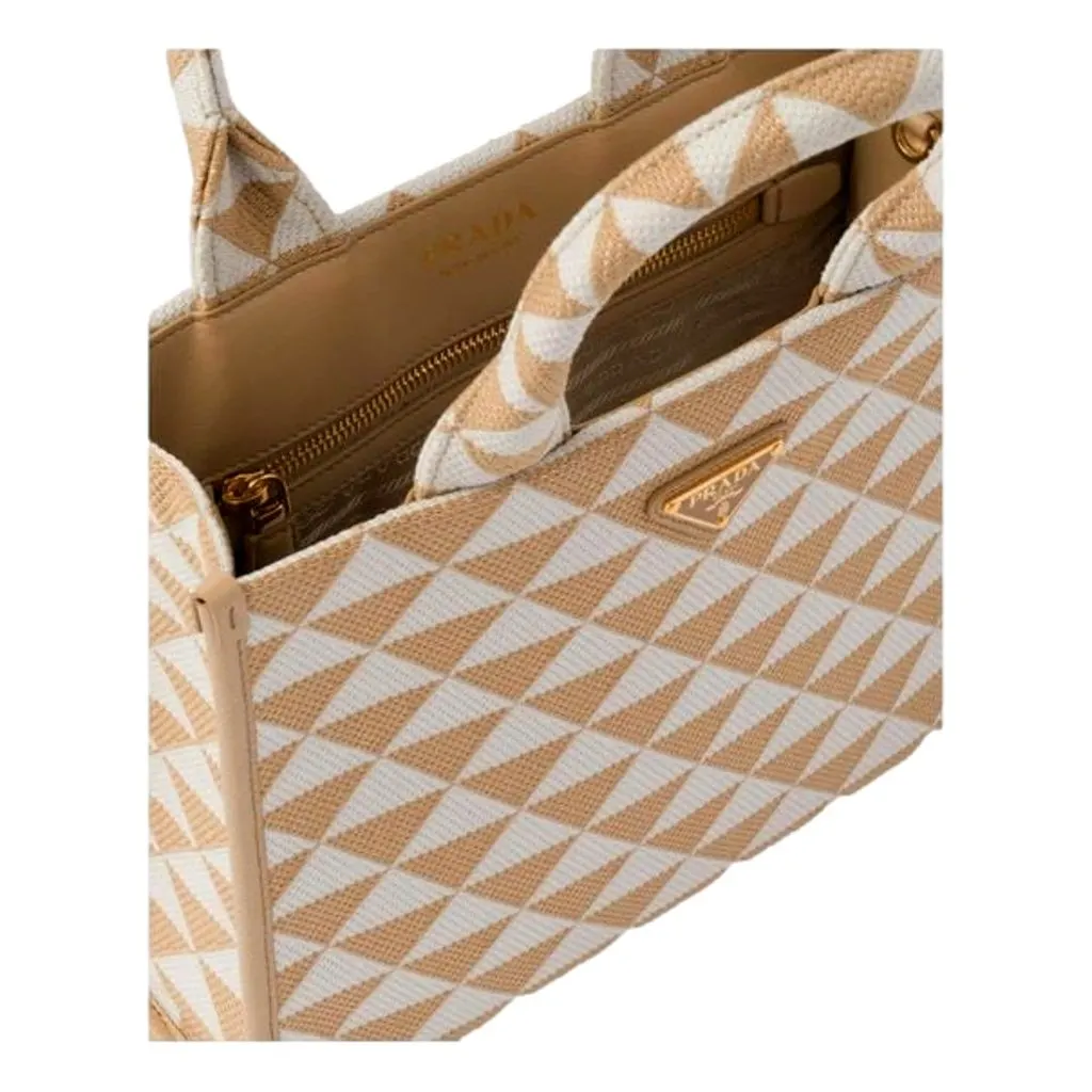 Prada Symbole Beige Chalk White Jacquard Small Tote Bag Beige Canvas Never worn - Inside View
