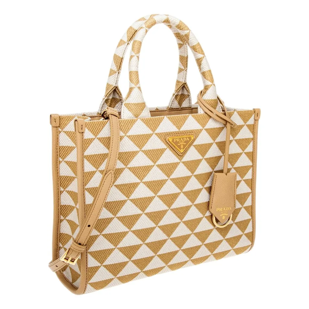Prada Symbole Beige Chalk White Jacquard Small Tote Bag Beige Canvas Never worn - Model View