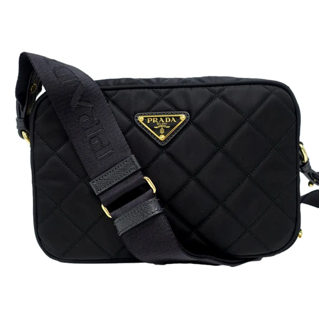 Prada Tessuto Black Quilted Nylon Triangle Logo Camera Crossbody Bag Black Never worn - Front View