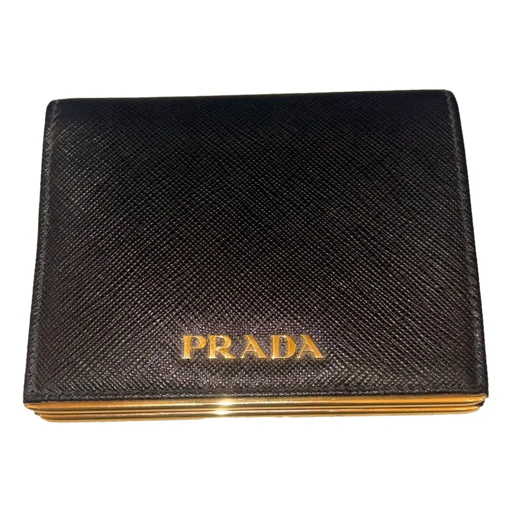 Prada Saffiano Leather Gold Metal Trim Snap Bifold Wallet Black