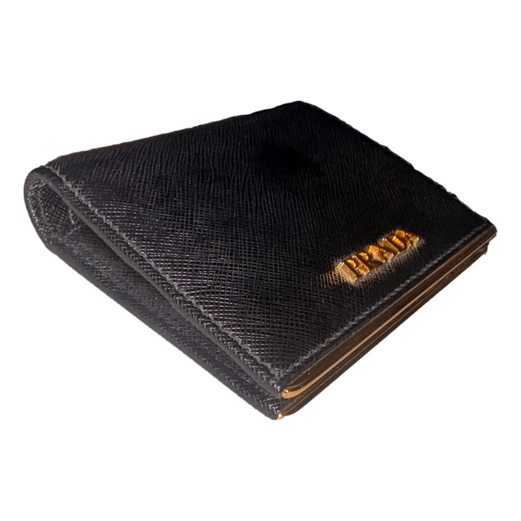 Prada Saffiano Leather Gold Metal Trim Snap Bifold Wallet Black Black Leather Never worn - Back View