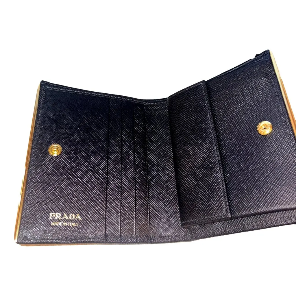Prada Saffiano Leather Gold Metal Trim Snap Bifold Wallet Black Black Leather Never worn - Model View