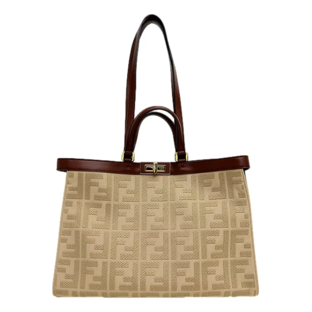 Fendi FF Peekaboo X-Lite Brown Beige Canvas and Leather Tote Brown Canvas Never worn - Front View