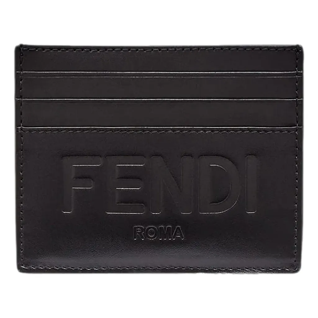 Fendi Roma Black Calfskin Leather Embossed Logo Card Case Wallet Black Leather Never worn - Front View