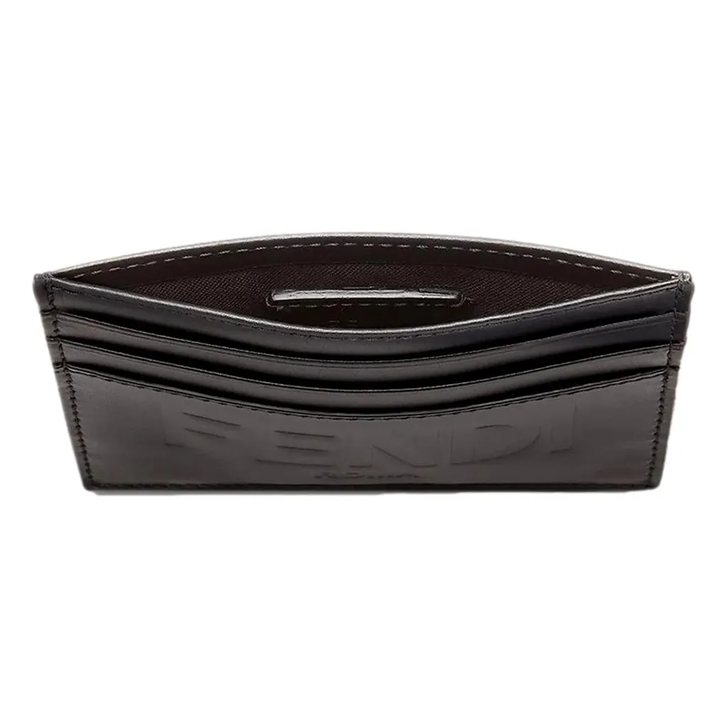 Fendi Roma Black Calfskin Leather Embossed Logo Card Case Wallet Black Leather Never worn - Model View