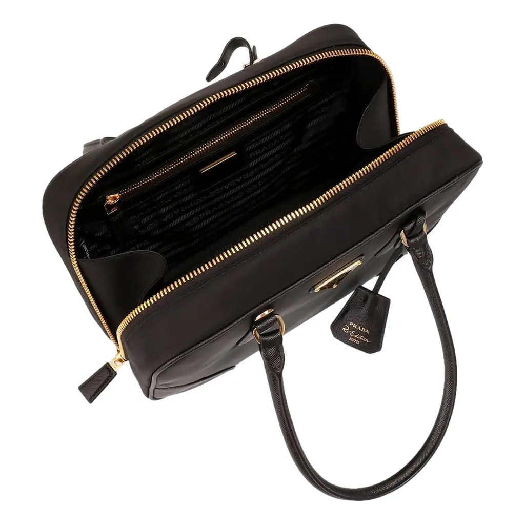 Prada Prada Re-Edition 1978 Medium Re-Nylon and Saffiano Leather Two-Handle Bag Black Black Leather Never worn - Box View