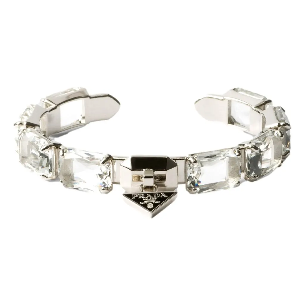 Prada Triangolo Silver Tone Crystal Cuff Braceangle Logo Large