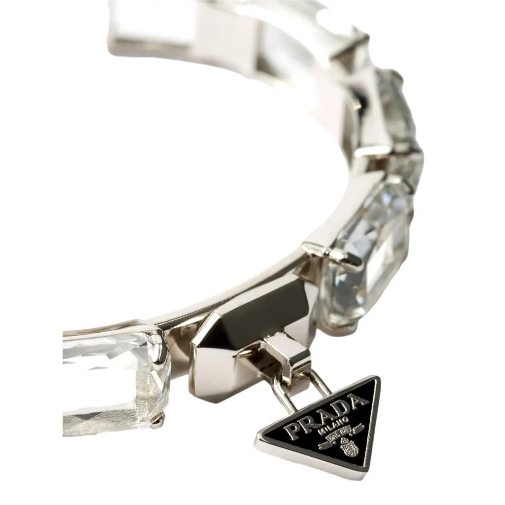 Prada Triangolo Silver Tone Crystal Cuff Bracelet Triangle Logo Large MultiColor Never worn - Back View