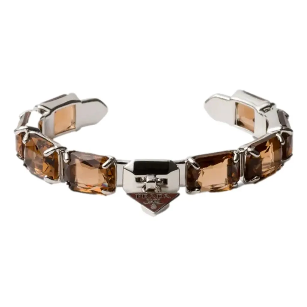 Prada Triangolo Silver Tone Brown Crystal Cuff Bracelet Triangle Logo Medium