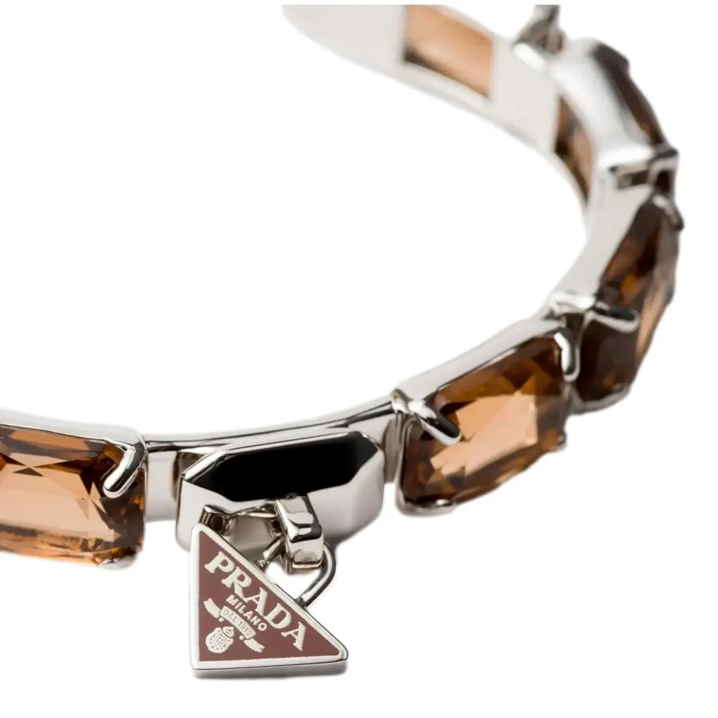 Prada Triangolo Silver Tone Brown Crystal Cuff Bracelet Triangle Logo Medium Silver Never worn - Back View