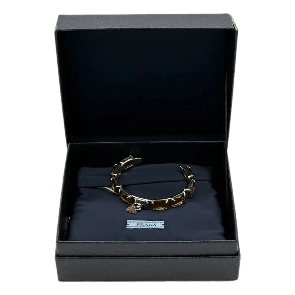 Prada Triangolo Silver Tone Brown Crystal Cuff Bracelet Triangle Logo Medium Silver Never worn - Inside View