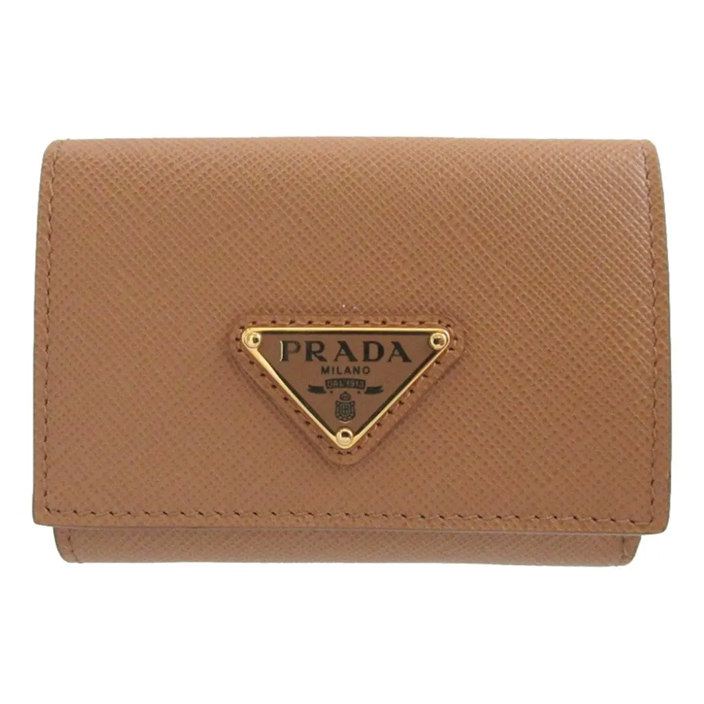 Prada Saffiano Leather Trifold Wallet Enamel Triangle Logo Natural Brown