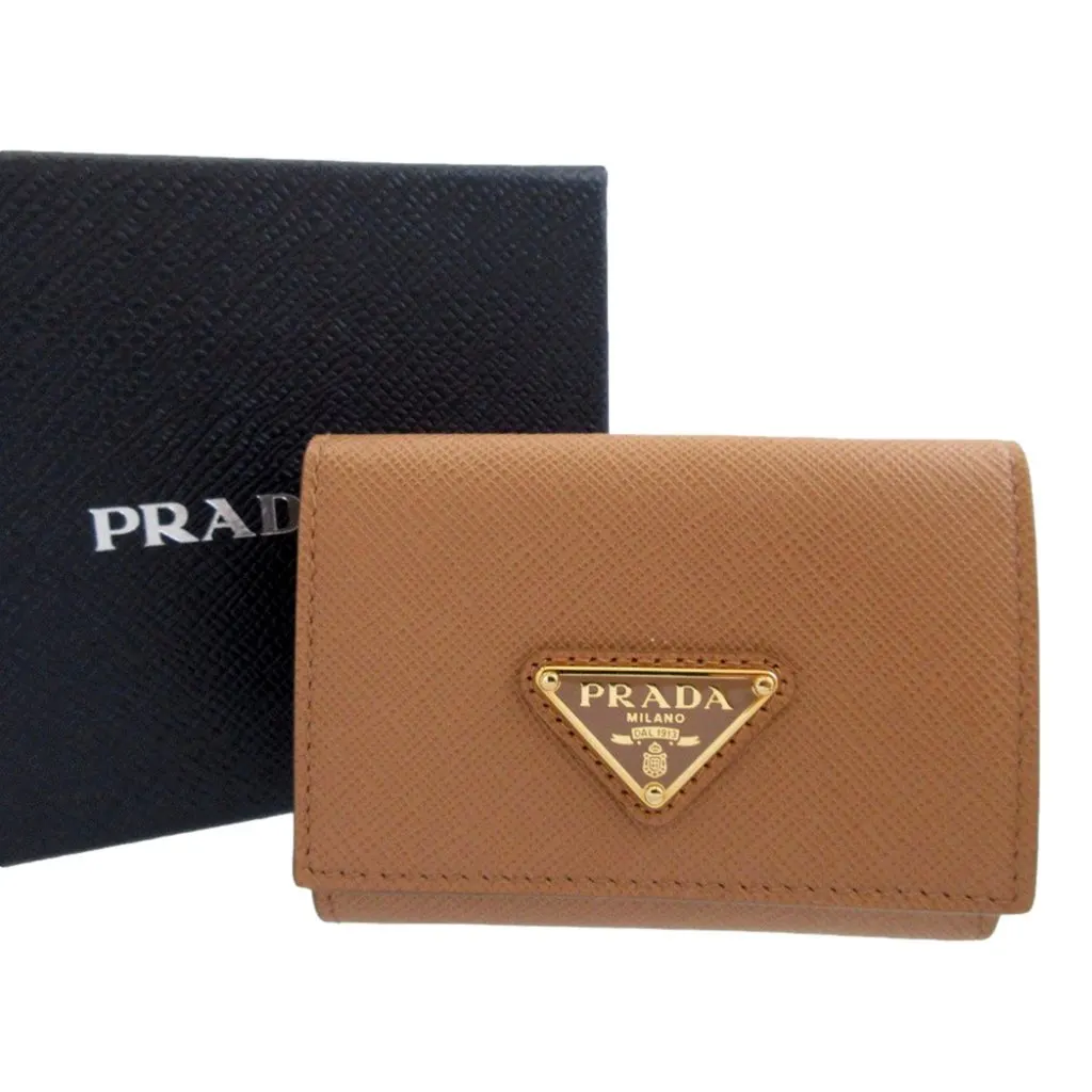 Prada Saffiano Leather Trifold Wallet Enamel Triangle Logo Natural Brown Brown Leather Never worn - Box View