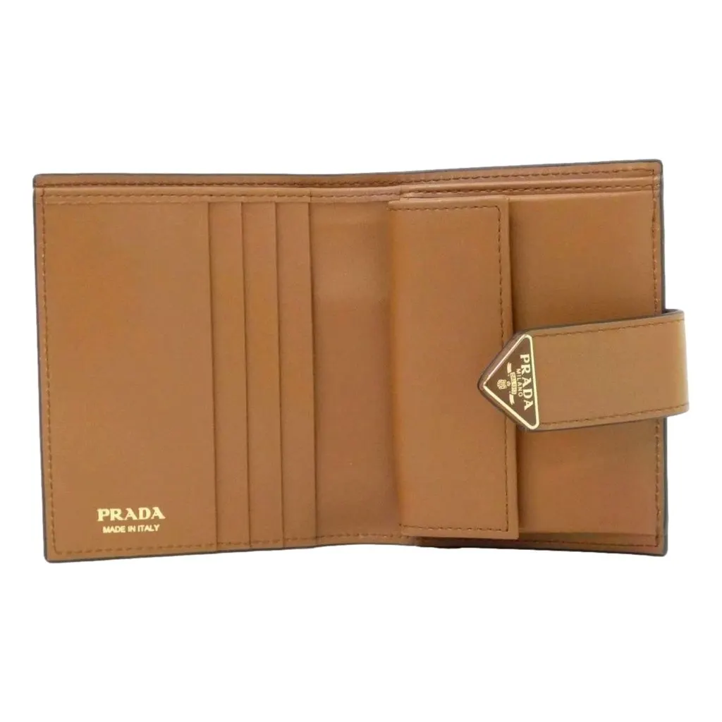 Prada City Calf Leather Snap Bifold Wallet Caramel Brown Brown Leather Never worn - Model View