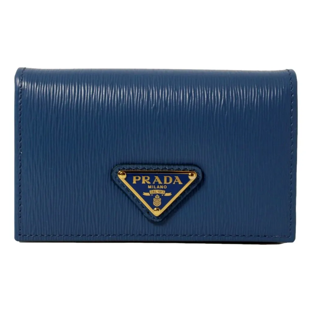 Prada Blue Vitello Move Leather Triangle Logo Card Case Wallet Black Leather Never worn - Front View