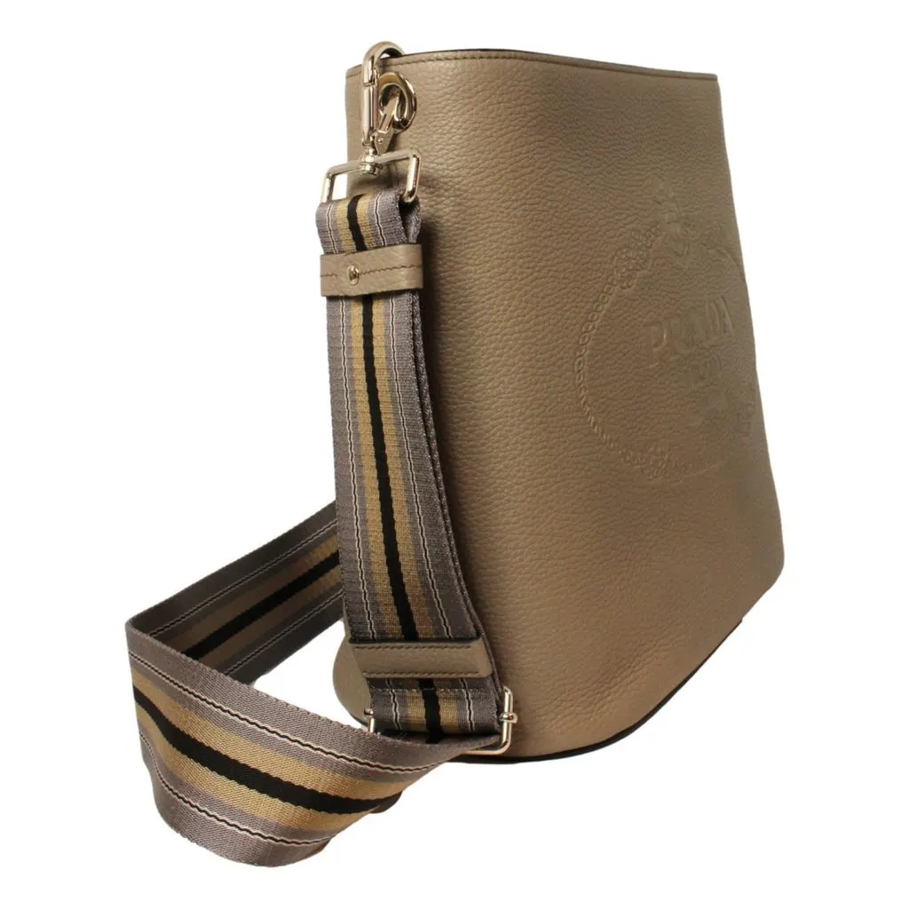 Prada Vitello Phenix Grey Leather Stripe Strap Bucket Bag Crossbody Brown Leather Never worn - Inside View