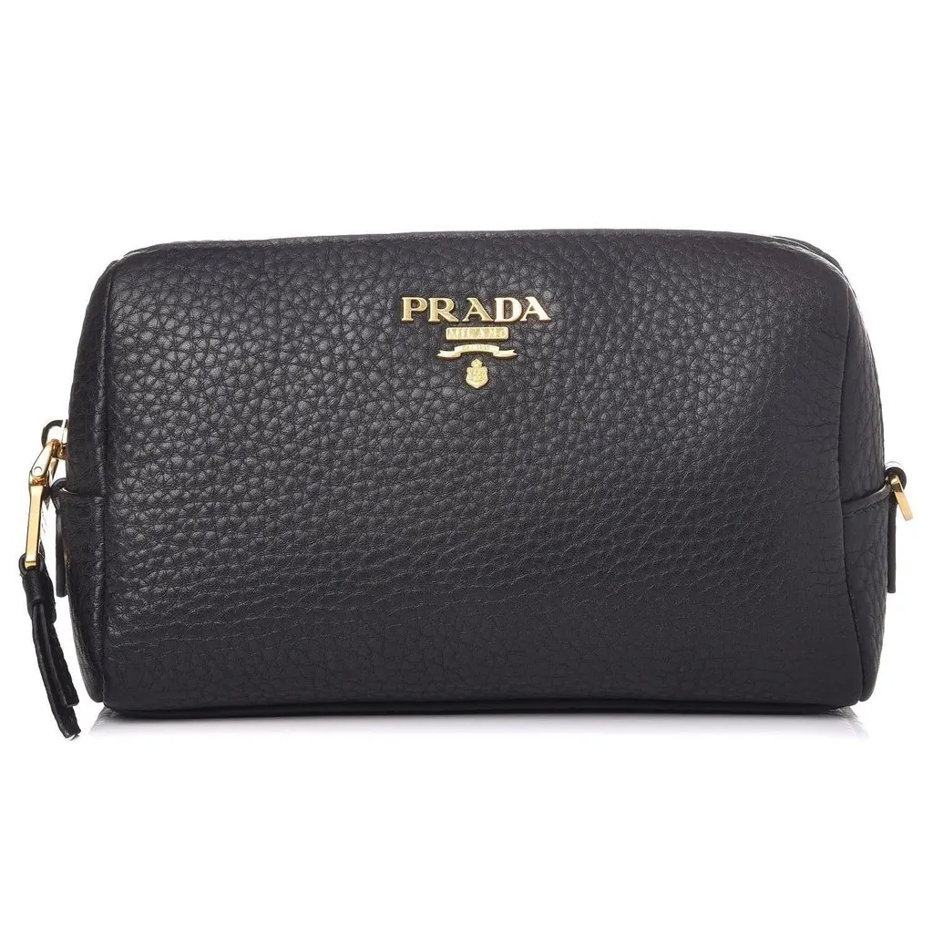Prada Vitello Daino Black Leather Cosmetic Pouch Black Leather Never worn - Front View