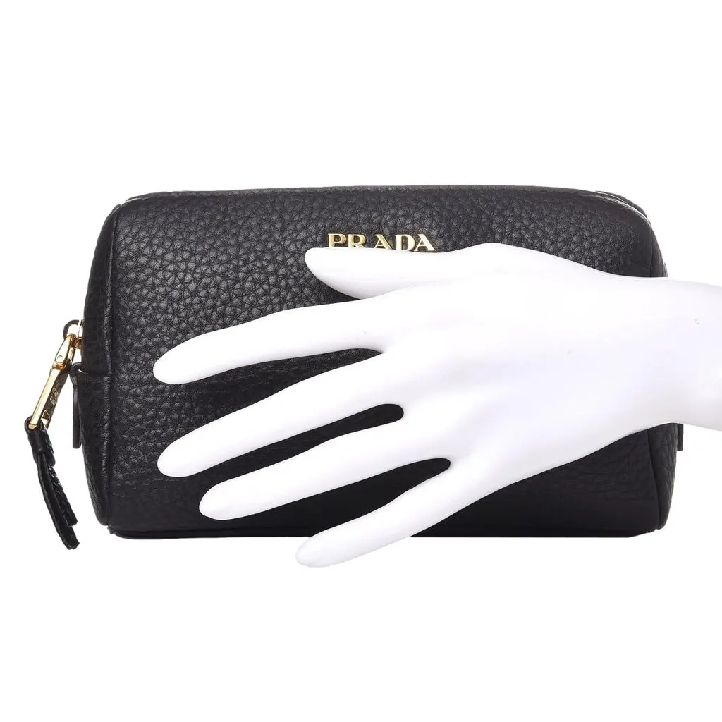 Prada Vitello Daino Black Leather Cosmetic Pouch Black Leather Never worn - Back View