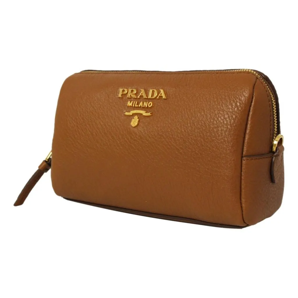 Prada Brown Leather Cosmetic Pouch Clutch Bag Vitello Daino MultiColor Leather Never worn - Back View