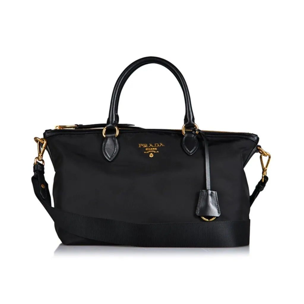 Prada Tessuto Nylon Black Leather Clochette Crossbody Tote Bag Black Never worn - Front View