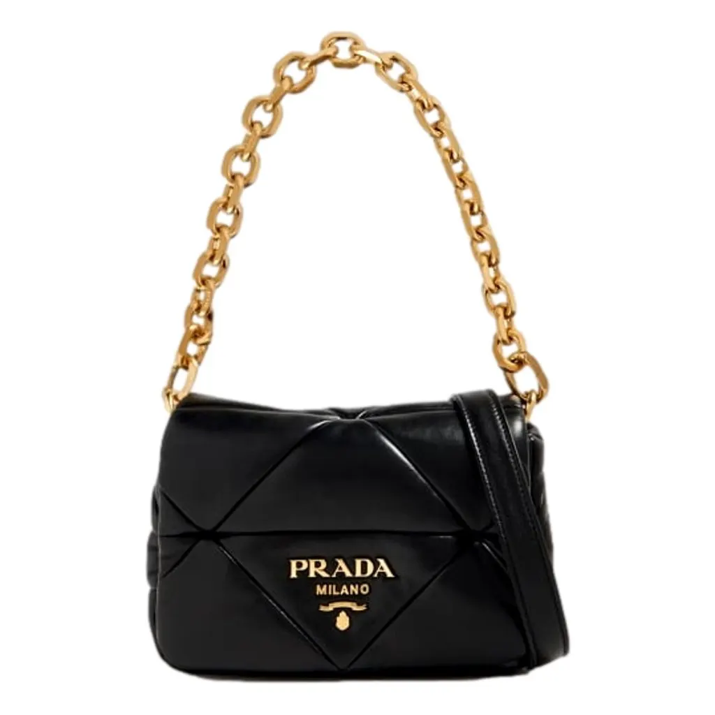 Prada Gold Logo Black Quilted Nappa Patch Leather Small Shoulder Bag Black Leather Never worn - Front View