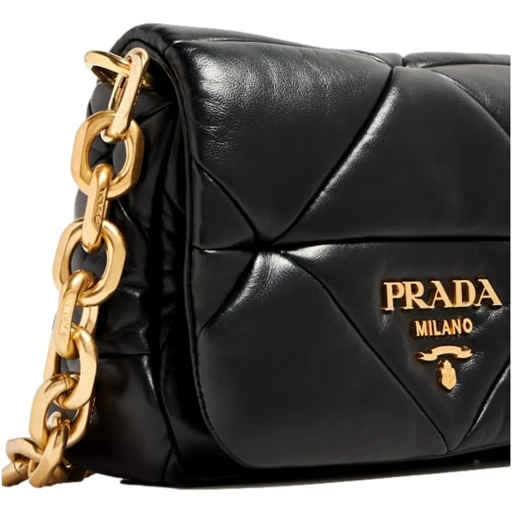 Prada Gold Logo Black Quilted Nappa Patch Leather Small Shoulder Bag Black Leather Never worn - Back View