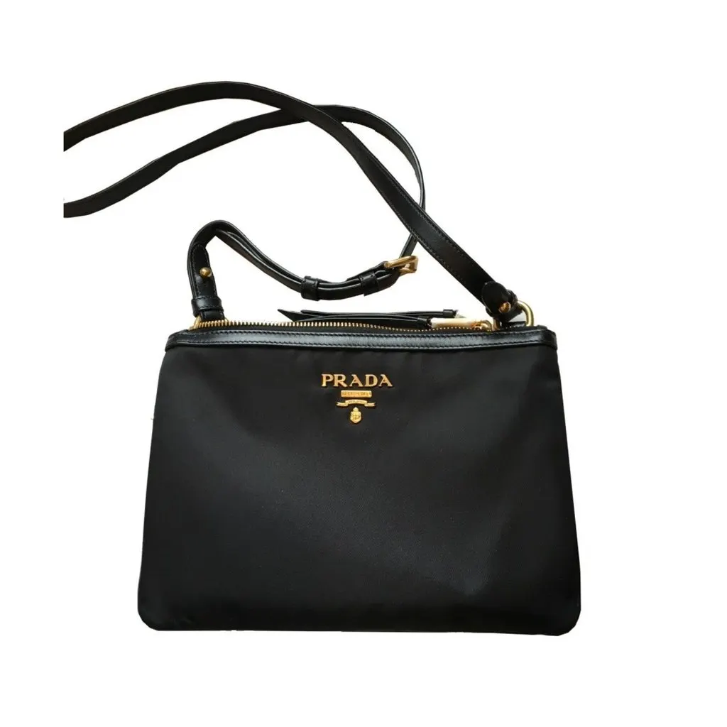 Prada Logo Tessuto Nylon Soft Calf Trim Black Cross Body Bag Black Polyamide Never worn - Model View