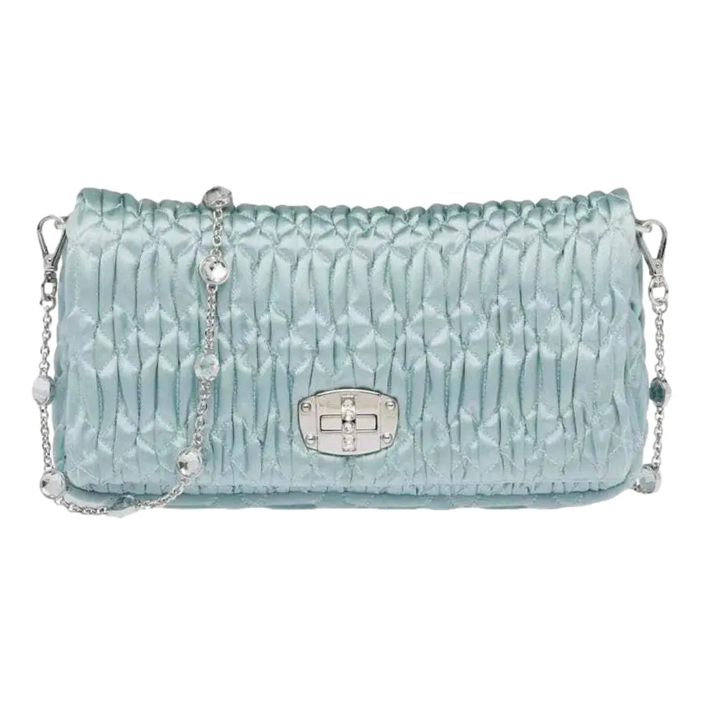 Miu Miu Satin Quilted Crystal Embellished Chain Crossbody Light Blue Blue Satin Never worn - Front View