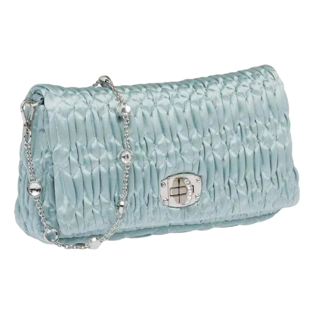 Miu Miu Satin Quilted Crystal Embellished Chain Crossbody Light Blue Blue Satin Never worn - Back View