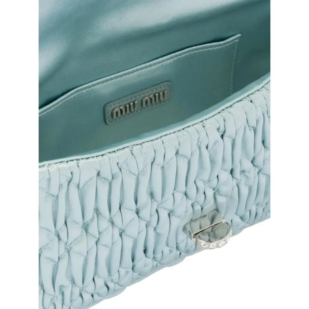 Miu Miu Satin Quilted Crystal Embellished Chain Crossbody Light Blue Blue Satin Never worn - Inside View