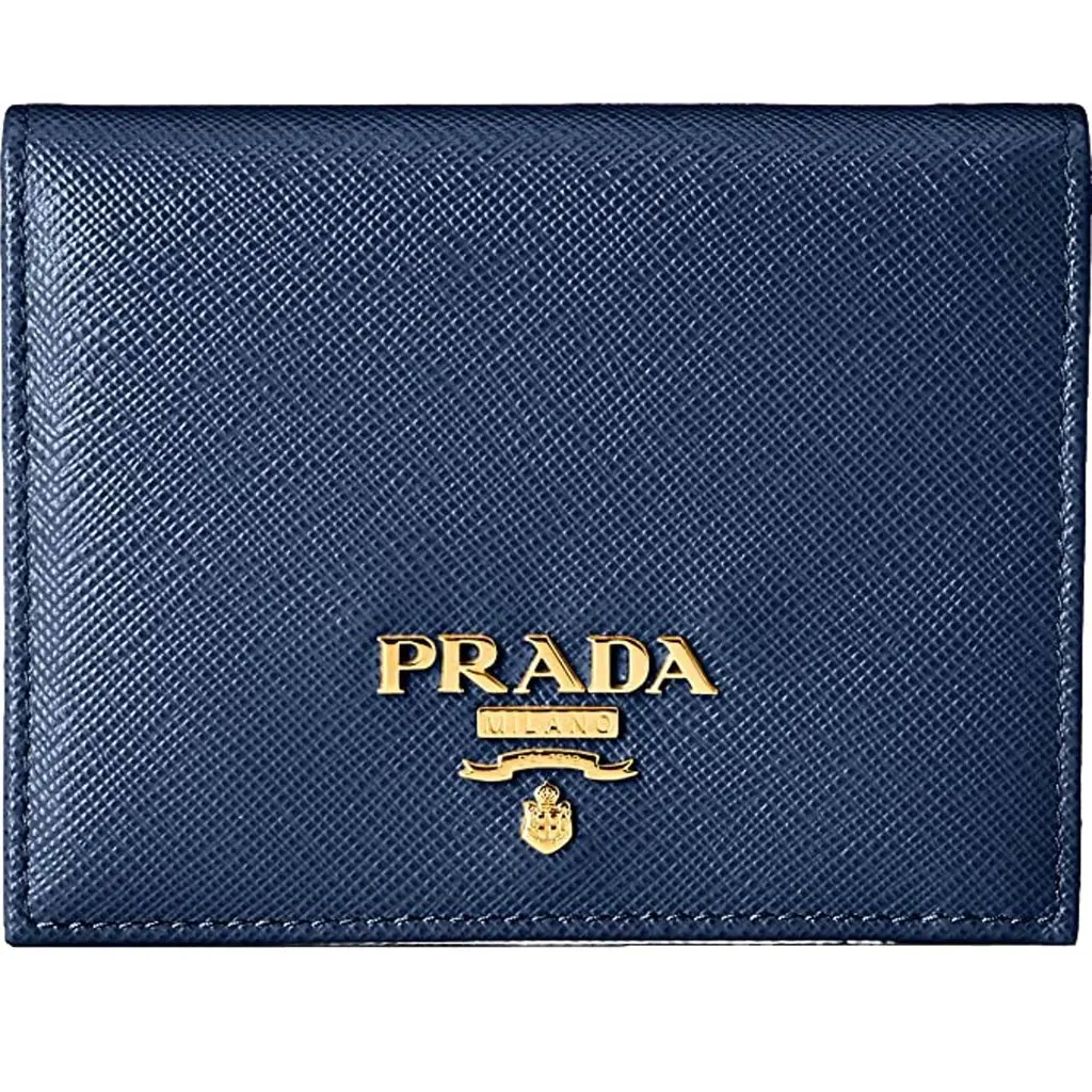 Prada Saffiano Baltico Blue Leather Gold Logo Bifold Snap Wallet Gold Leather Never worn - Front View