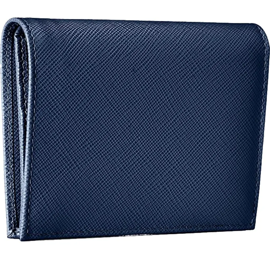 Prada Saffiano Baltico Blue Leather Gold Logo Bifold Snap Wallet Gold Leather Never worn - Back View
