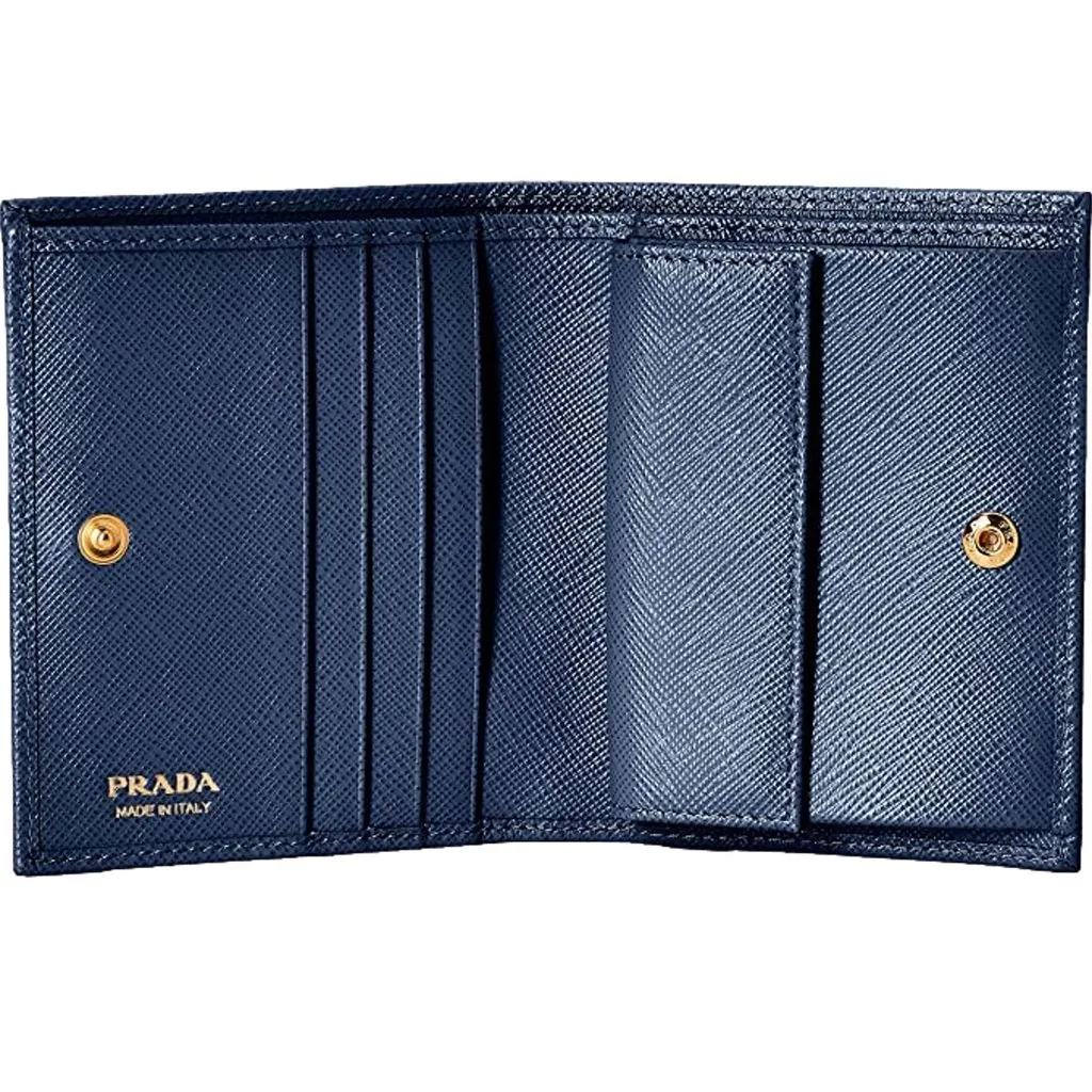 Prada Saffiano Baltico Blue Leather Gold Logo Bifold Snap Wallet Gold Leather Never worn - Inside View