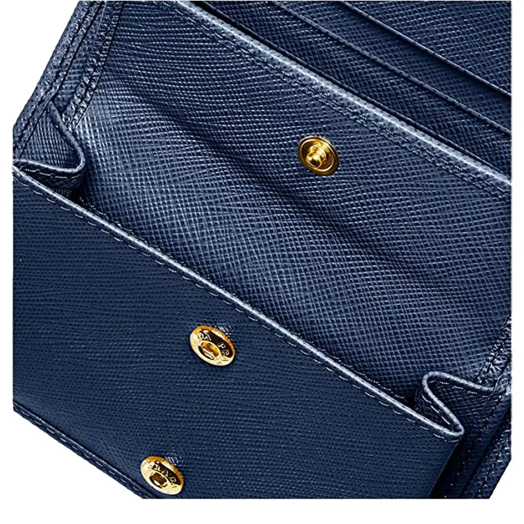 Prada Saffiano Baltico Blue Leather Gold Logo Bifold Snap Wallet Gold Leather Never worn - Model View